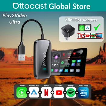 Ottocast Play2Video Ultra Mini Dot WiFi6 AI Box Carplay Adapter Android Auto Media Player YouTube Netflix