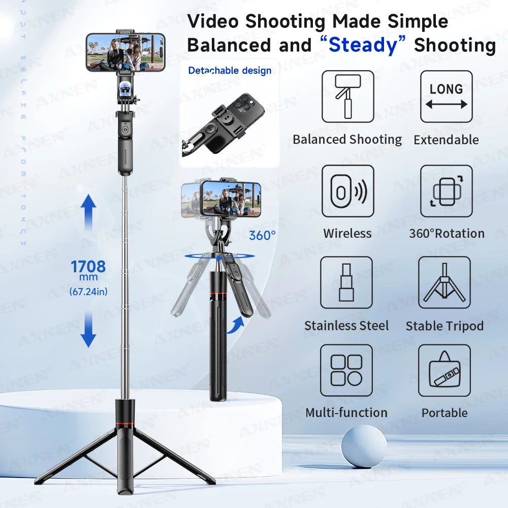 F16 Selfie-Stick-Stativ mit 1708 mm langem 8-teiligen Stange – Bild 2