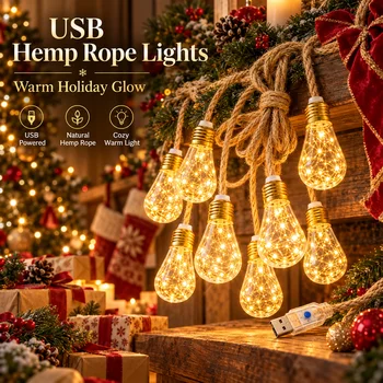 Weihnachtsbeleuchtung USB Hanfseil-Lichterkette 8/16/24 LED Feenlichter für Baum Schlafzimmer Fenster Terrasse
