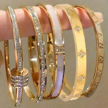 ZAKOL 5/1 Stück funkelndes Edelstahl-Armband-Set mit Zirkonia-Intarsien für Damen, stapelbare Armreifen
