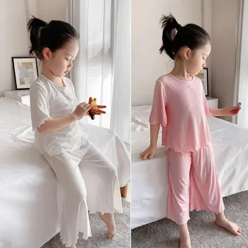 Mädchen Sets Sommer Dünne Kinder Kurzarm Set Kinder Homewear Kleidung Mädchen Reine Farbe Pyjamas Outfits