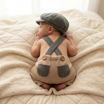 Fotografie-Requisiten für Neugeborene Jungen Gestrickter Träger-Strampler mit Newsboy-Mütze Set