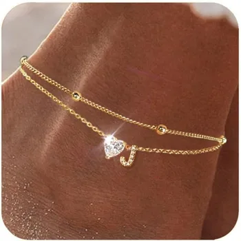 Knöchelarmbänder für Damen, wasserdicht, 14 Karat vergoldet, CZ, Initiale, zierliche geschichtete