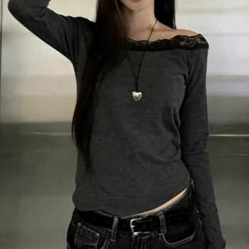 Lace Aesthetics Grafikdruck Lässiges Gothic Y2k Langarm-Oberteil Spicy Girls Hip Hop Crop Top Punk Streetwear