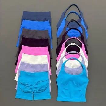 Shorts-Yoga-Set für Damen, rückenfrei, Neckholder-Tops, hohe Taille, nahtlose Shorts, Fitnessstudio (2 Stück)