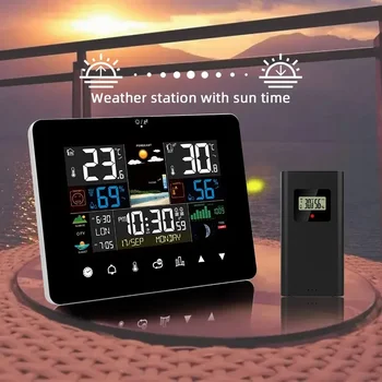 Multifunktions-Wetterstation, Wecker, Thermometer, Hygrometer, Touchscreen, kabelloser Sensor, Sonnenaufgang