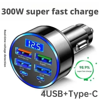 300W PD Auto-Ladegerät QC3.1 Schnellladung 4USB+2PD Anschlüsse Auto-Zigarettenanzünder-Stecker Auto-Ladegerät