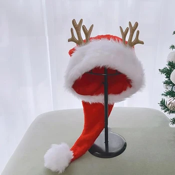 Rote Weihnachtsmützen für Erwachsene, glitzerndes Geweih, Weihnachtsmann-Mütze, Winter-Partyhut mit langem