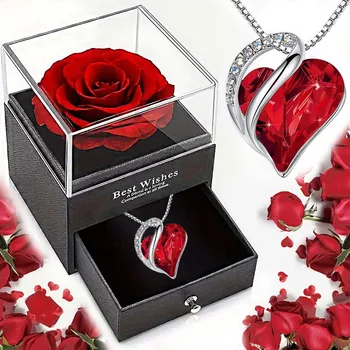 Valentinstag Geschenk Ozean Herz Liebe Halskette mit Ewige Rose Schmuck Box Für Mädchen Mutter der tag
