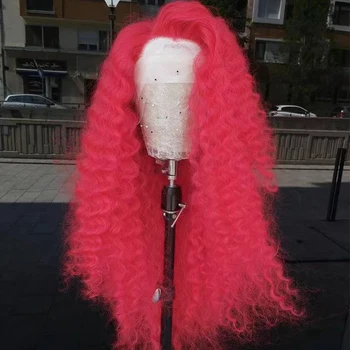 Synthetische Spitze Front Perücken Lange Verworrene Lockige Rosa Für Frauen Mit PrePlucked Baby Haar Hitze