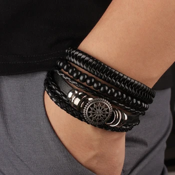 Armband herren 4 Teile/satz Geflochtene Wrap Leder Armbänder für Männer Vintage Leben Baum Ruder Charme Holz