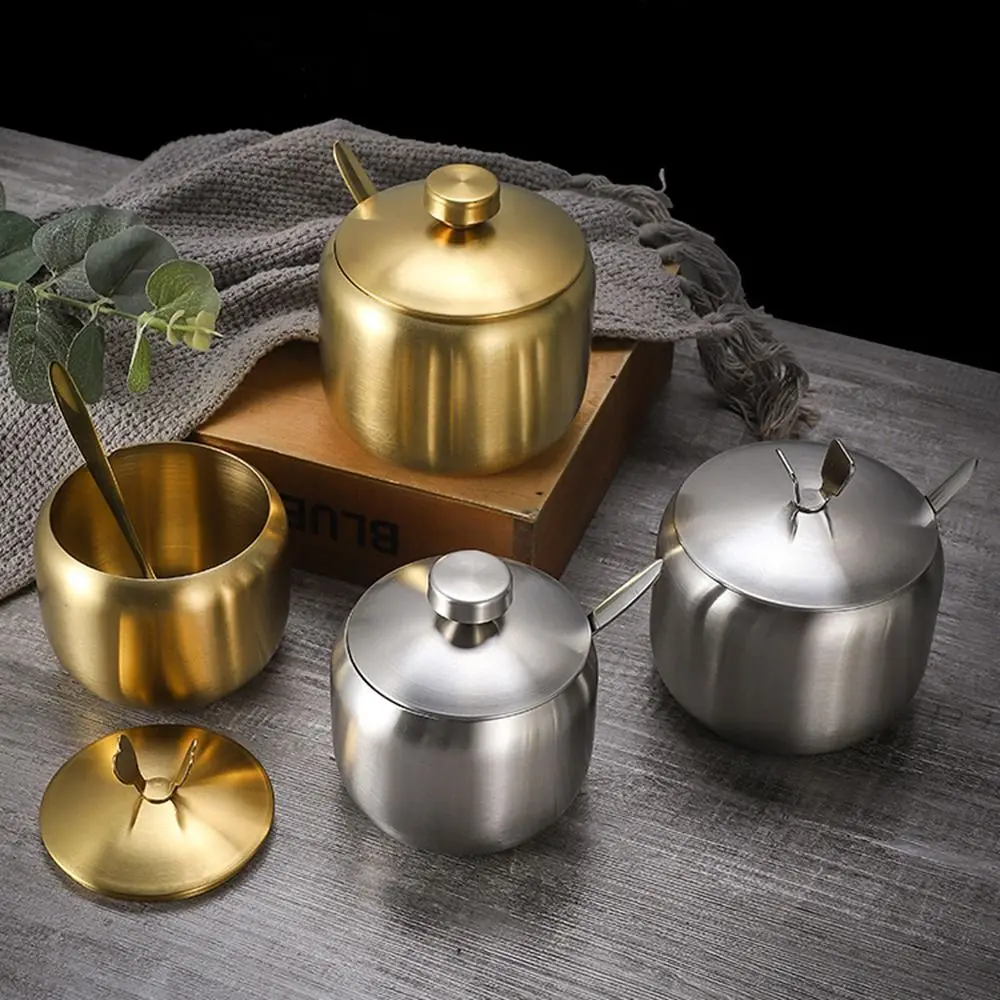 Gold Silber Zucker dose mit Löffel Deckel Edelstahl kleiner – Bild 2