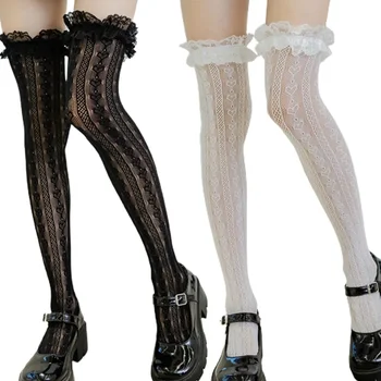 Frauen Lolita Fishnet Oberschenkel Hohe Socken Japanischen Stil Herz Gestreifte Spitze Gemusterte Über Knie