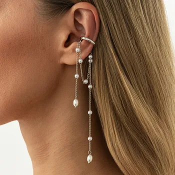 Koreanische Temperament Imitation Perle Metall Kette Lange Quaste C-Förmigen Keine Ohr Löcher Earbone Clip