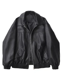 Ailegogo Streetwear Frauen Retro Lose Kurze Pu Faux Leder Jacke Frühling Herbst Weibliche Zipper Mantel