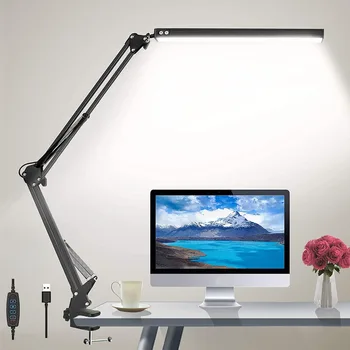 LED-Klapp-Schreibtischlampe aus Metall, Clip-on-Lichtklemme, langer Arm, dimmbare Tischlampe, 3 Farben