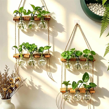 Boho-Hängepflanzgefäß aus Holz und ABS, wandmontierte Wasserpflanzenvase für Zimmerpflanzen, Haushalt