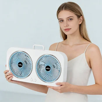 Doppelkopf-USB-Ventilator mit 360° Drehbaren Flügeln, Wandmontage oder Freistehend, Wiederaufladbarer Lüfter