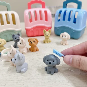 Nette Hund Haustier Korb Familie Spielzeug Hund Puppe Set Hund Käfig Spielzeug Szene Spielen (8 Stück)