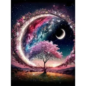 Blumen-, Mond- und Runddiamant-Gemälde-Set, DIY-Volldiamant-Heimdekoration für Erwachsene, Rahmenloses