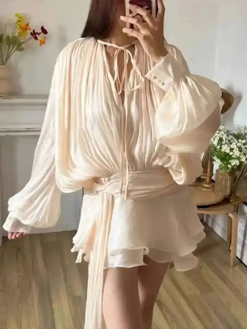 Beige Top Solide Bluse Mini Kleider Für Frauen V-ausschnitt