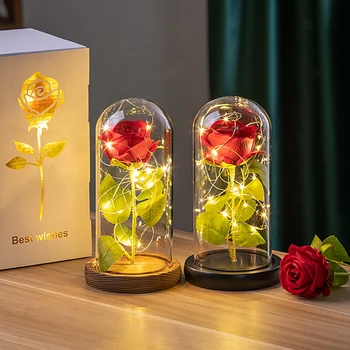 Künstliche Rosen Ewige Rose LED-Licht Folienblume in Glasabdeckung Simulierte Rosenblume Weihnachts