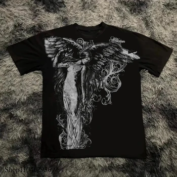 Klassisches Y2K Gothic Style T-Shirt Print Übergroßes T-Shirt High Street Shirts Gothic Rundhals Baumwolle