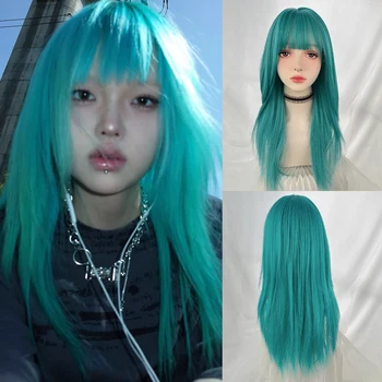 Grün-blaue synthetische lange gerade Damen-Perücke mit Pony, Lolita-Cosplay, flauschige hitzebeständige