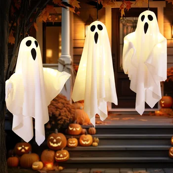 Halloween leuchtender weißer Geist LED hängende Geister Horror Requisiten mit Lichterkette Indoor Outdoor