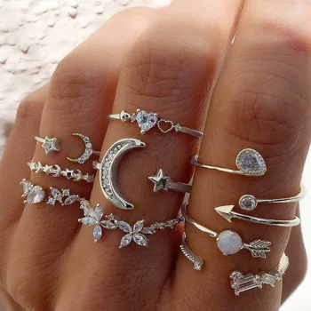 Silberfarbenes Kristallringe-Set für Frauen, Zirkonia, Mond, Pfeil, Blume, Herz, Finger, Eheringe, weiblicher