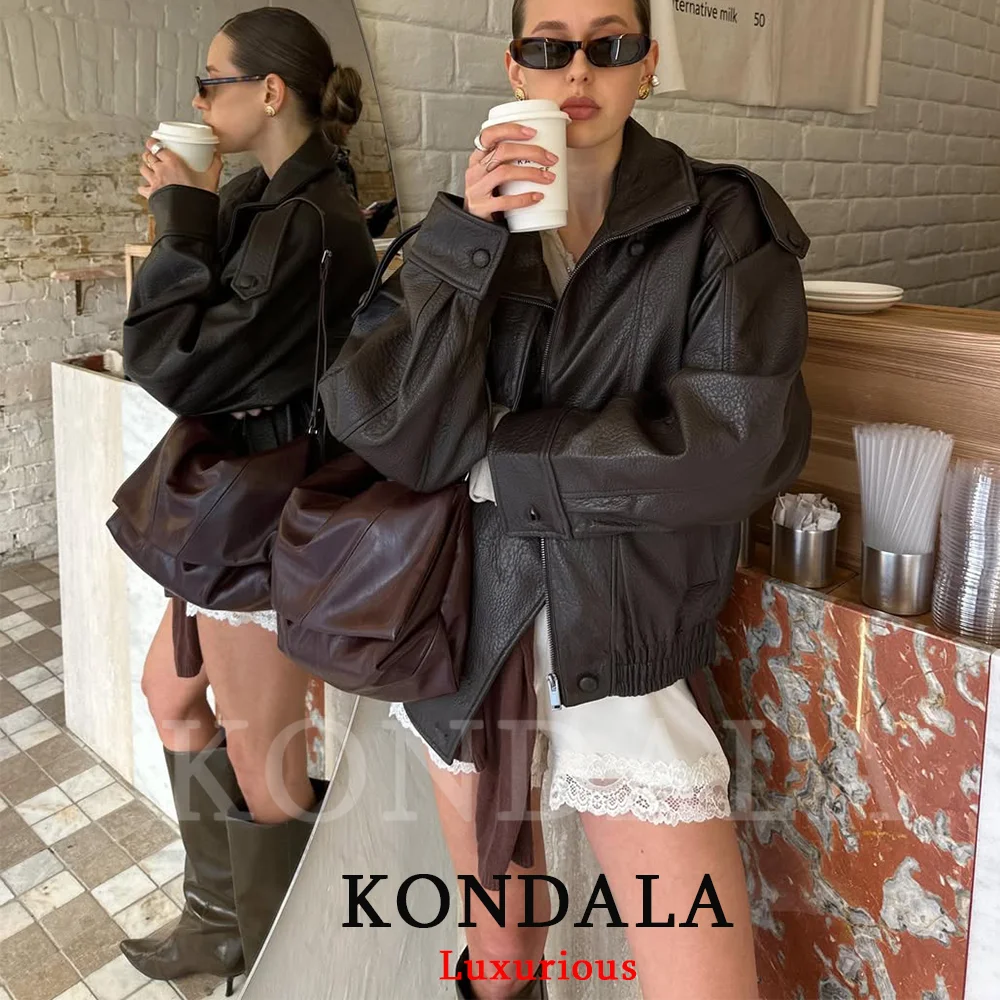 KONDALA Casual Chic Schwarz Leder Jacken Frauen Langarm – Bild 5