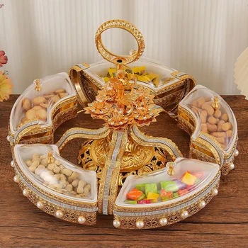 Metall-Snackteller mit Deckel, europäischer Luxus-Teller für Trockenfrüchte, goldener, drehbarer