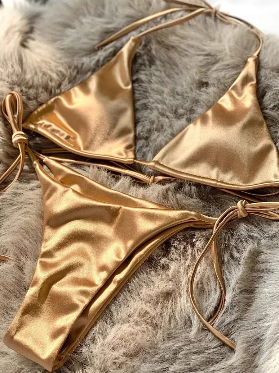 Halter Brasilianische Metallic Satin Bikini Frauen Bademode – Bild 5