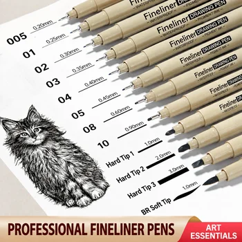 12 Größen Fineliner-Stiftset 0,05-3,0mm & Pinselspitze, Wasserfeste Schwarze Zeichenstifte für Skizzieren