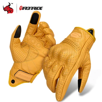 ​ Vintage Leder Motorradhandschuhe Sommer Atmungsaktive Unisex Biker Handschuhe mit Anti-Rutsch-Belüftung