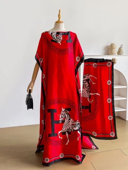 Elegante Abaya mit Pferdemotiv und Schal, Lockerer Fledermausärmel-Maxikaftan für Afrikanische Muslimische