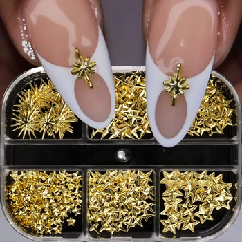 6/12Grids Gold Stern Mond Metallic Nieten 3D Nagel Charms Legierung Sonne Mond Sternenlicht Strass Nagel Studs