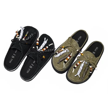 Damen- und Herren-Clogs aus Rindsleder, Slip-On-Pantoffeln mit Perlen, flache Slipper mit Korkfußbett