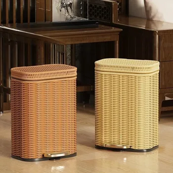 Moderner Fußbetätigter Mülleimer Wohnzimmer Schlafzimmer Haushalt Rattan-Imitation Geflochtene Abfalleimer