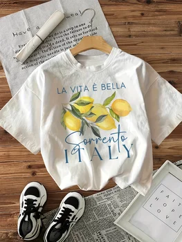 100 % Baumwolle, lockeres grafisches T-Shirt mit Zitronenmuster, kurzärmelig, Rundhalsausschnitt, lässiges