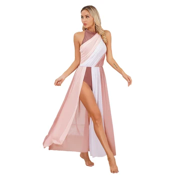 Ärmelloses, langes, geteiltes, lyrisches Tanzkleid für Damen, Kostüme, modernes, zeitgenössisches