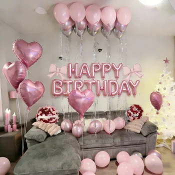 Rosa Geburtstagsballon-Set mit Schleife, Aluminiumfolienballon für Geburtstagsfeier, Ballonatmosphäre