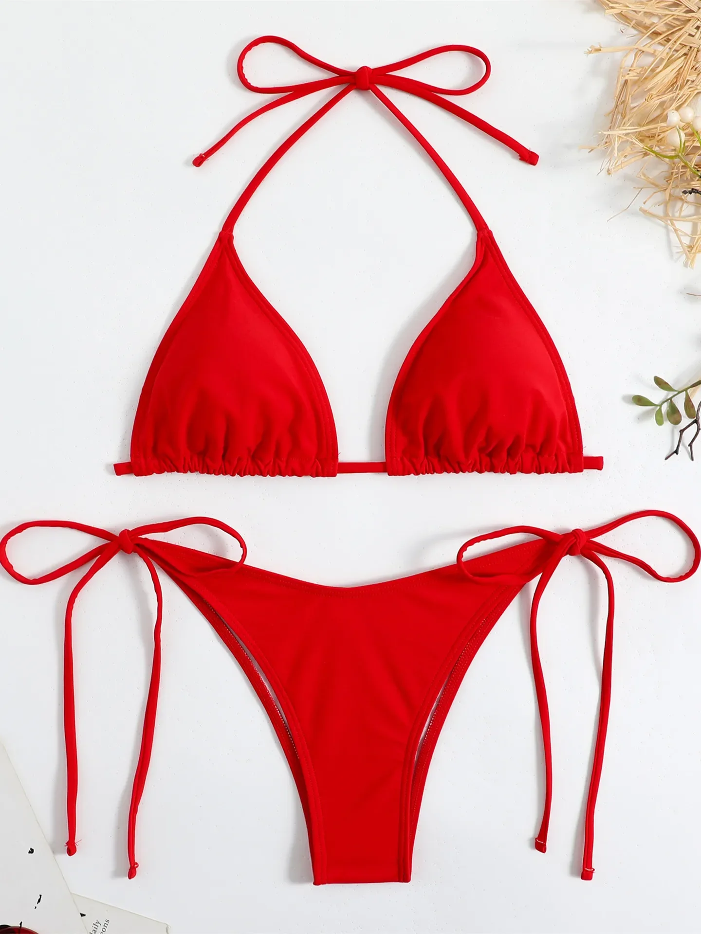 Sexy Brauner Bikini 2026 Damen Einfarbiger Roter Neckholder – Bild 5