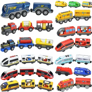 Magnetische Elektrische Zug Auto Lokomotive Holz Track Slot Diecast Eisenbahn Mit Zwei Wagen Zug Holz Kind