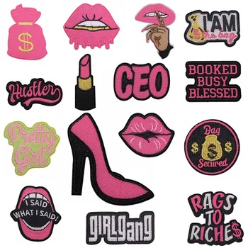 Karneval niedlichen rosa Lippen Emblem für Kleidung Eisen auf gestickten Näh applikation High Heels Patch CEO