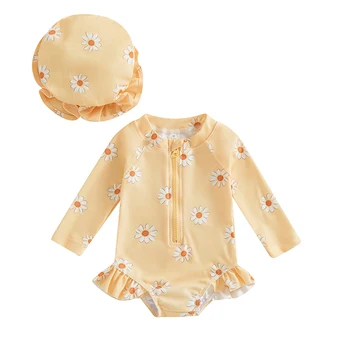 Kleinkind Baby Mädchen Badeanzug Floral Rash Guard mit Hut Set Langarm Reißverschluss Badeanzug Bademode