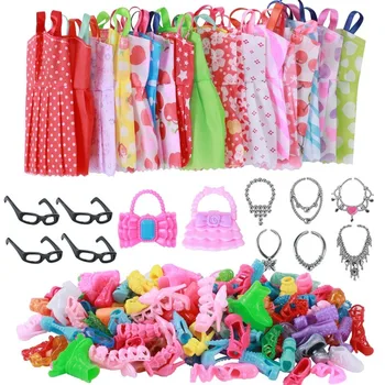 Zufällige Puppenkleidung und Accessoires, 10 Stück Modekleider 22 Stück Schuhe, Brillen (32 Stück)
