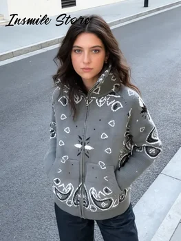 Mode Stricken Jacquard Strickjacke Frauen Grau Stehkragen Zipper Volle Hülse Pullover 2026 Frühling Dame