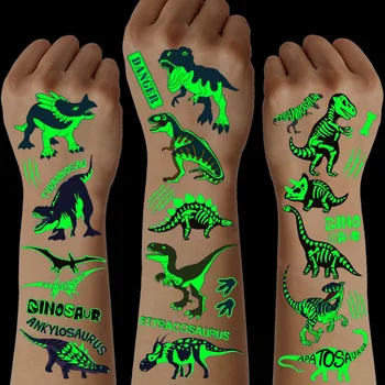 10 Blatt leuchtende temporäre Dinosaurier-Tattoos, wasserfest, leuchtet im Dunkeln, T-Rex, Flugsaurier