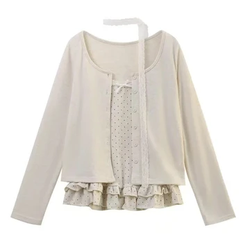 Frauen Koreanische Mode Coquette Shoujo Mädchen Ballett Core Top Set 2000er Jahre Ästhetisches T-Shirt Langarm